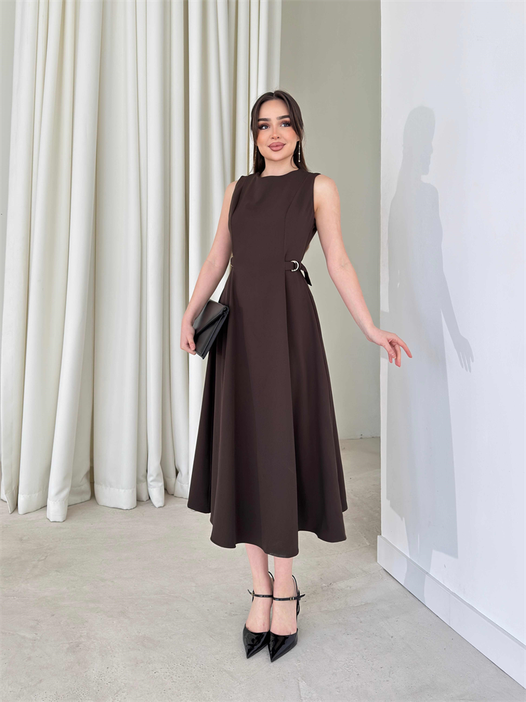 Yanı Ayarlanabilir Kemerli Sıfır Kol Midi Boy Kahverengi Vice Kadın Elbise 26Y176