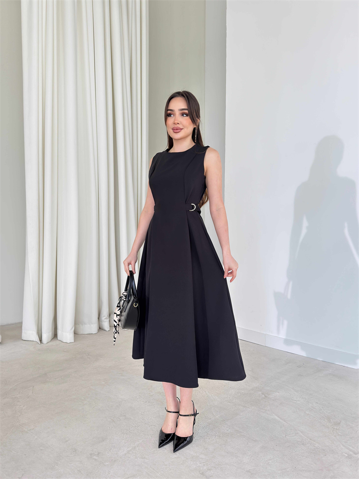 Yanı Ayarlanabilir Kemerli Sıfır Kol Midi Boy Siyah Vice Kadın Elbise 26Y176