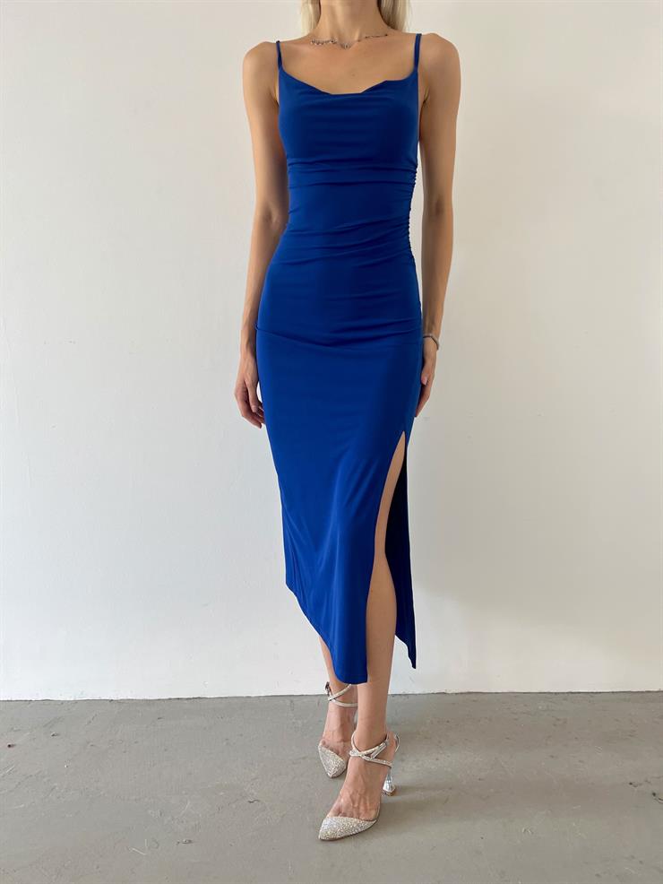 Askılı Degaje Yaka Yandan Yırtmaçlı Vicente Kadın Saks Midi Elbise 23Y000562