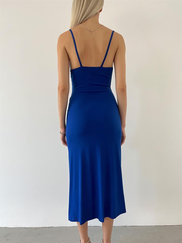 Askılı Degaje Yaka Yandan Yırtmaçlı Vicente Kadın Saks Midi Elbise 23Y000562