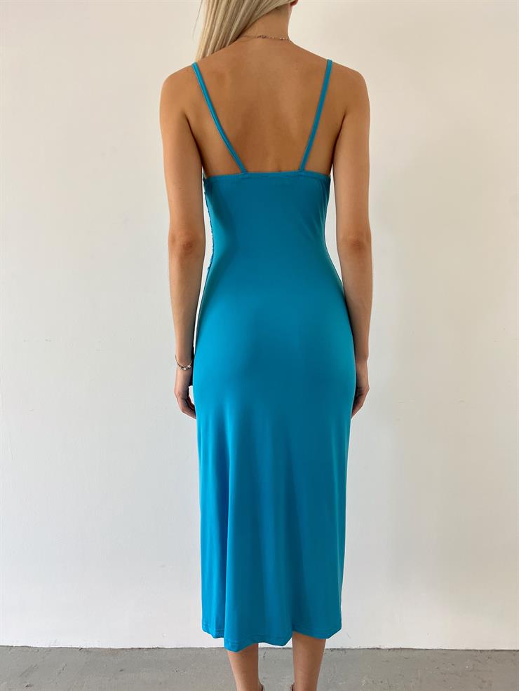 Askılı Degaje Yaka Yandan Yırtmaçlı Vicente Kadın Turkuaz Midi Elbise 23Y000562