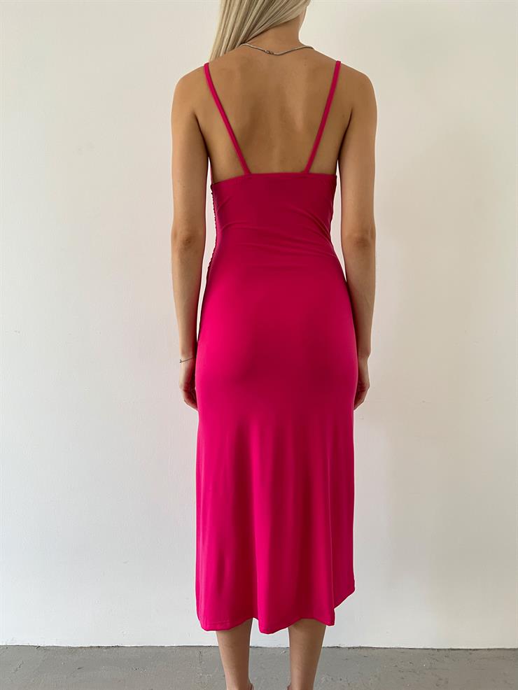 Askılı Degaje Yaka Yandan Yırtmaçlı Vicente Kadın Fuşya Midi Elbise 23Y000562