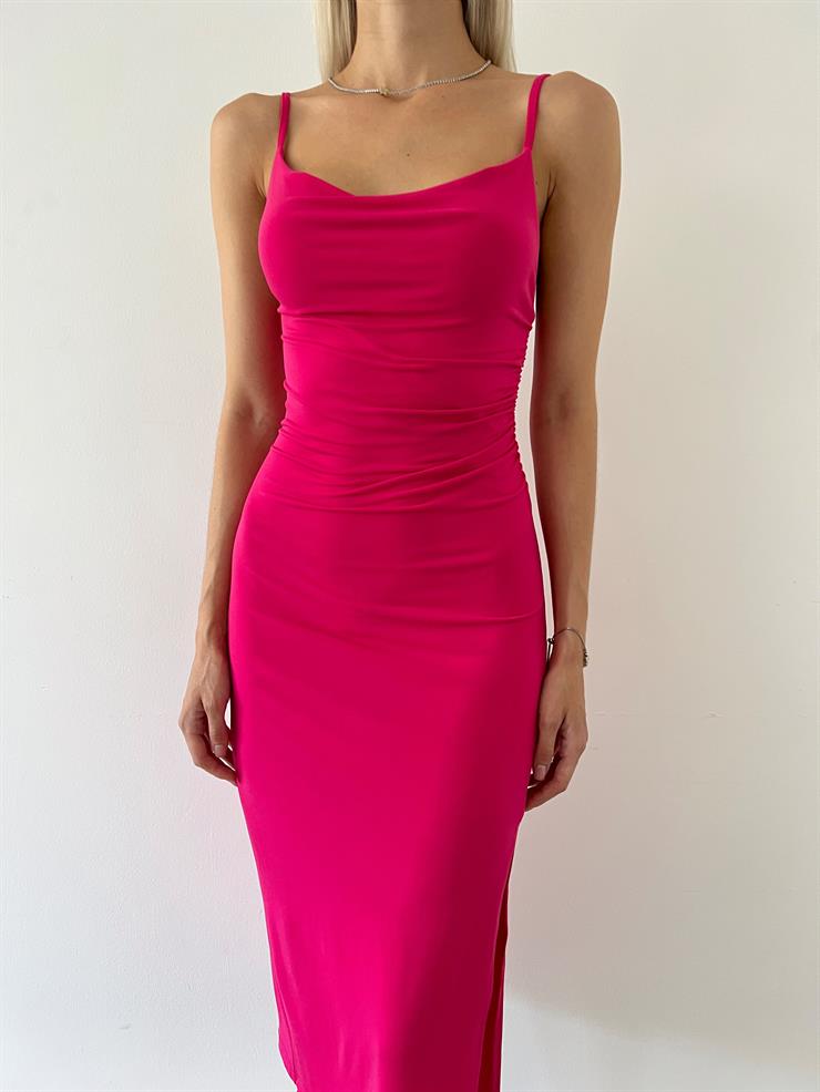 Askılı Degaje Yaka Yandan Yırtmaçlı Vicente Kadın Fuşya Midi Elbise 23Y000562