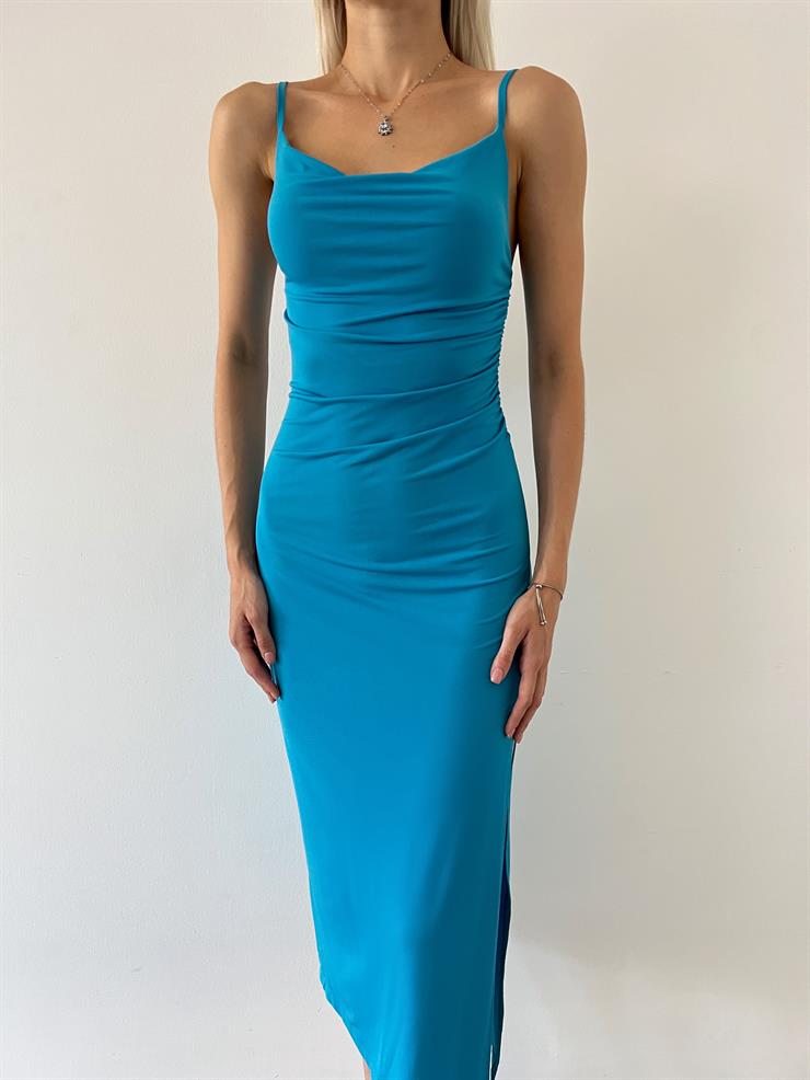 Askılı Degaje Yaka Yandan Yırtmaçlı Vicente Kadın Turkuaz Midi Elbise 23Y000562