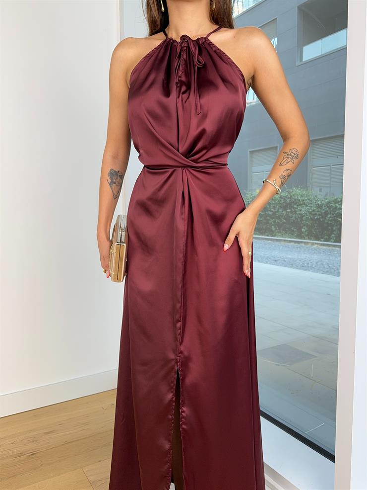 Boyundan Ve Belden Bağlamalı Vida Kadın Bordo Saten Uzun Elbise 25K032