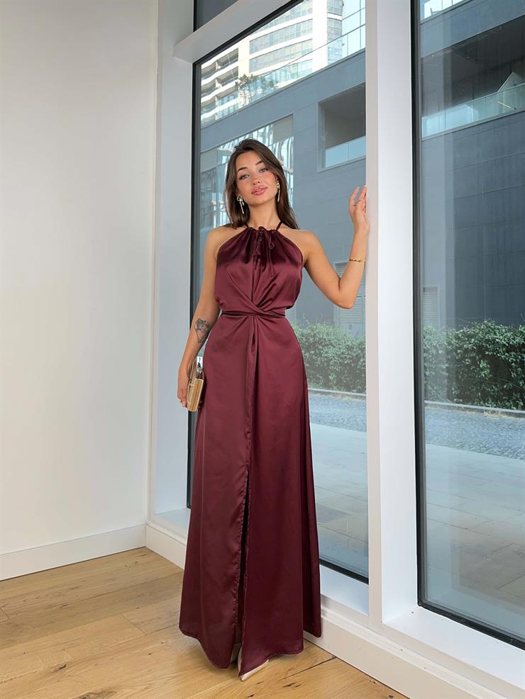 Boyundan Ve Belden Bağlamalı Vida Kadın Bordo Saten Uzun Elbise 25K032