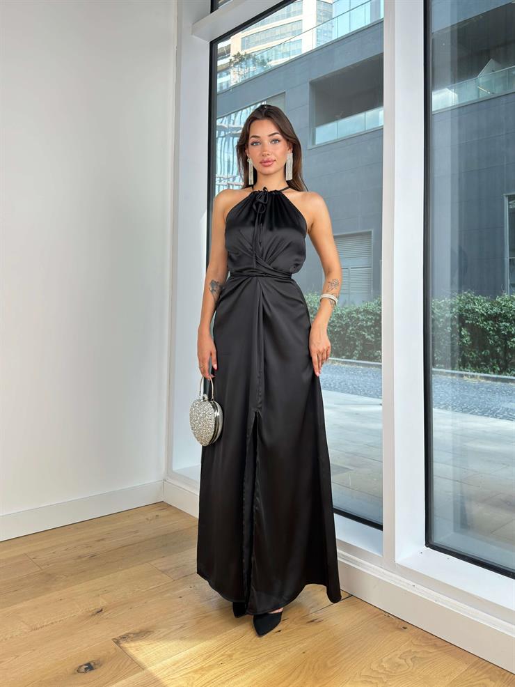 Boyundan Ve Belden Bağlamalı Vida Kadın Siyah Saten Uzun Elbise 25K032