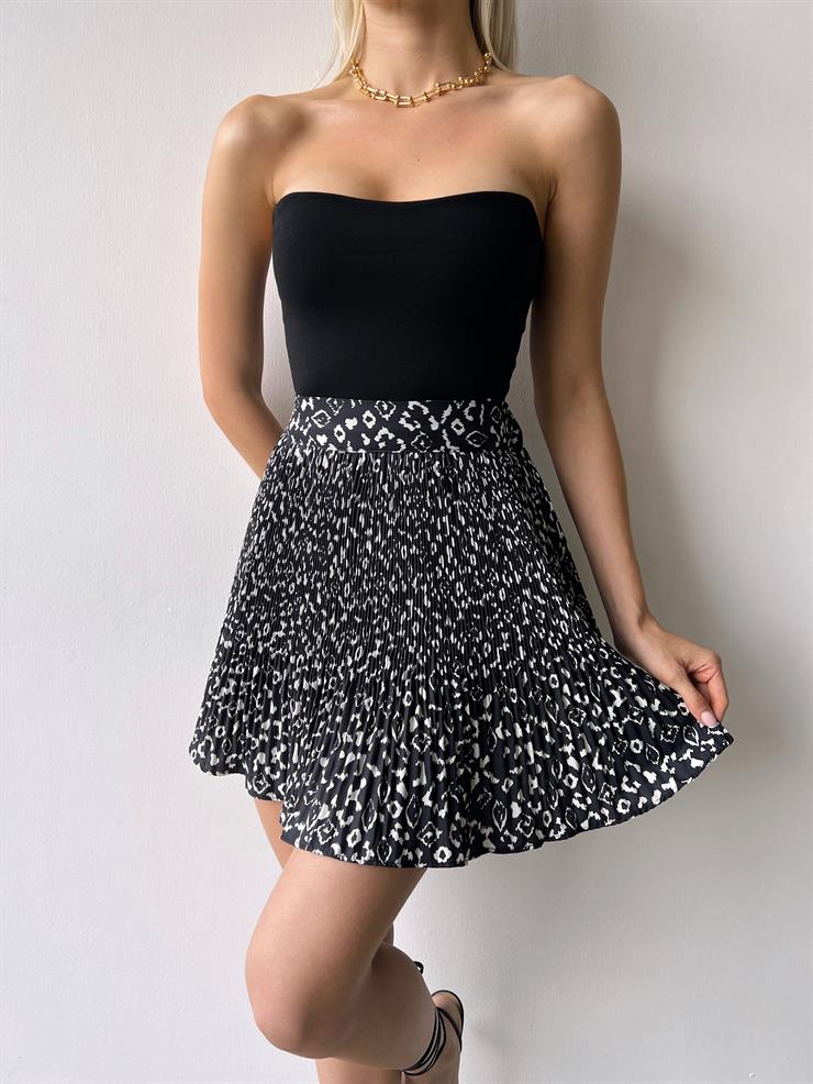 Yüksek Bel Vidal Kadın Desenli Siyah Mini Etek 23Y000383