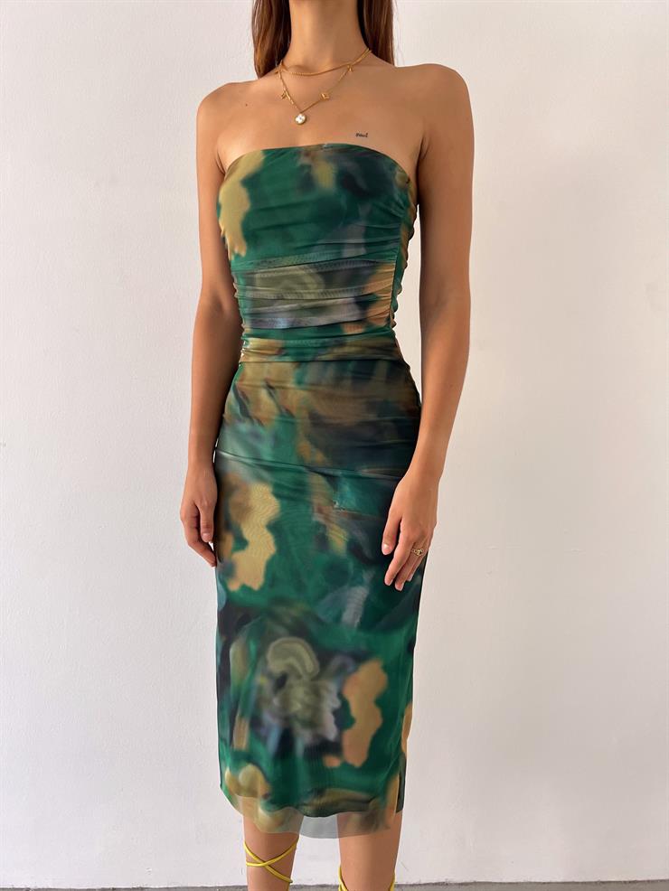 Straplez Drape Detaylı Videl Kadın yeşil Desenli Elbise 23Y000485