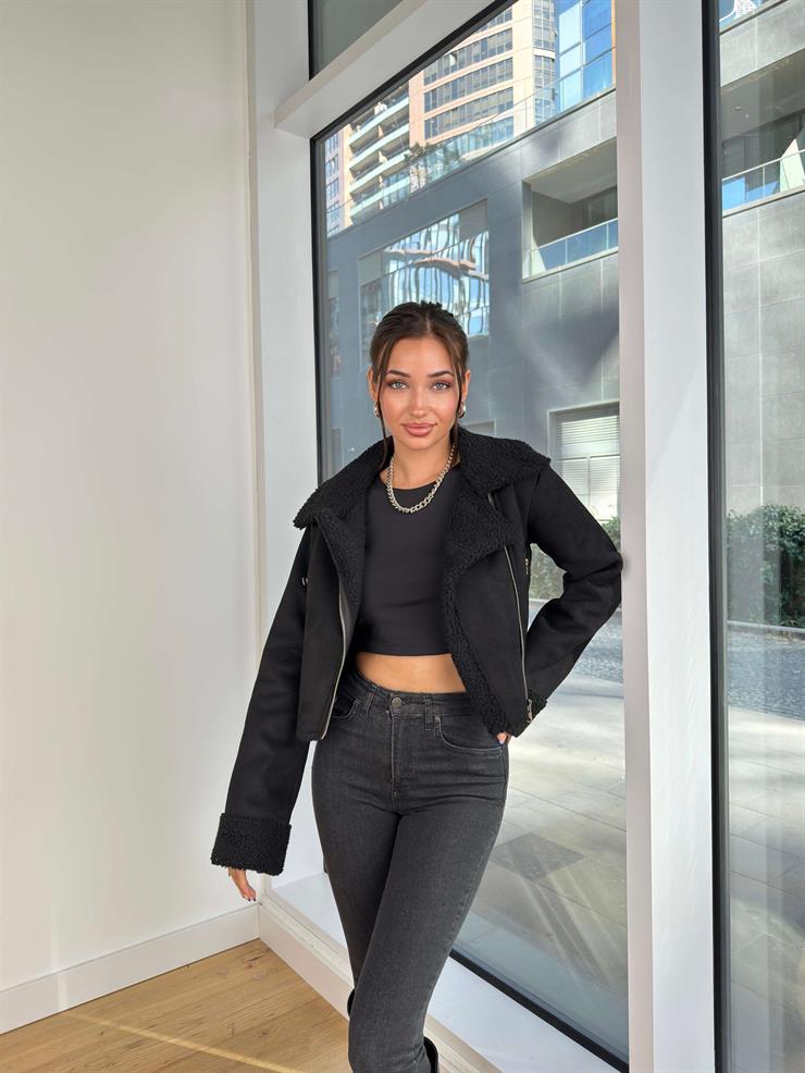 İçi Kürklü Süet Viera Siyah Kadın Crop Mont 25K185