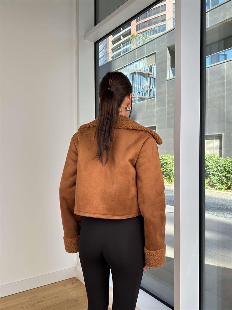 İçi Kürklü Süet Viera Kahve Kadın Crop Mont 25K185