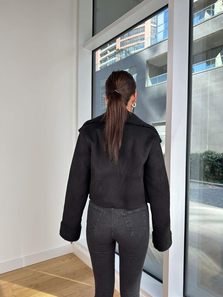 İçi Kürklü Süet Viera Siyah Kadın Crop Mont 25K185