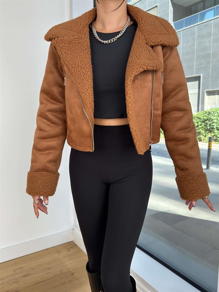 İçi Kürklü Süet Viera Kahve Kadın Crop Mont 25K185