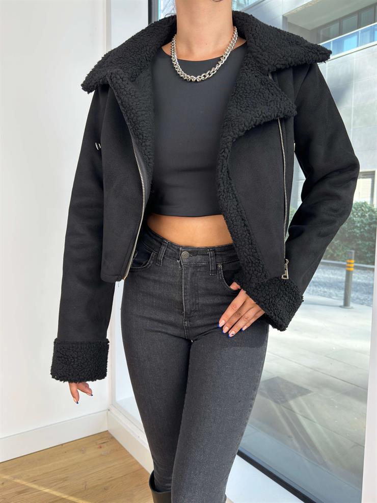 İçi Kürklü Süet Viera Siyah Kadın Crop Mont 25K185