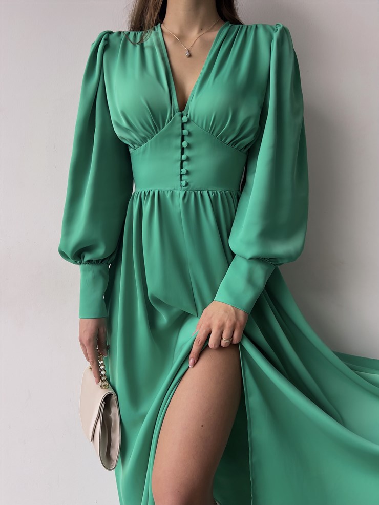 Kiloş Balon Kol Beli Düğmeli Viktoria Kadın Mint Uzun Elbise 22K000051