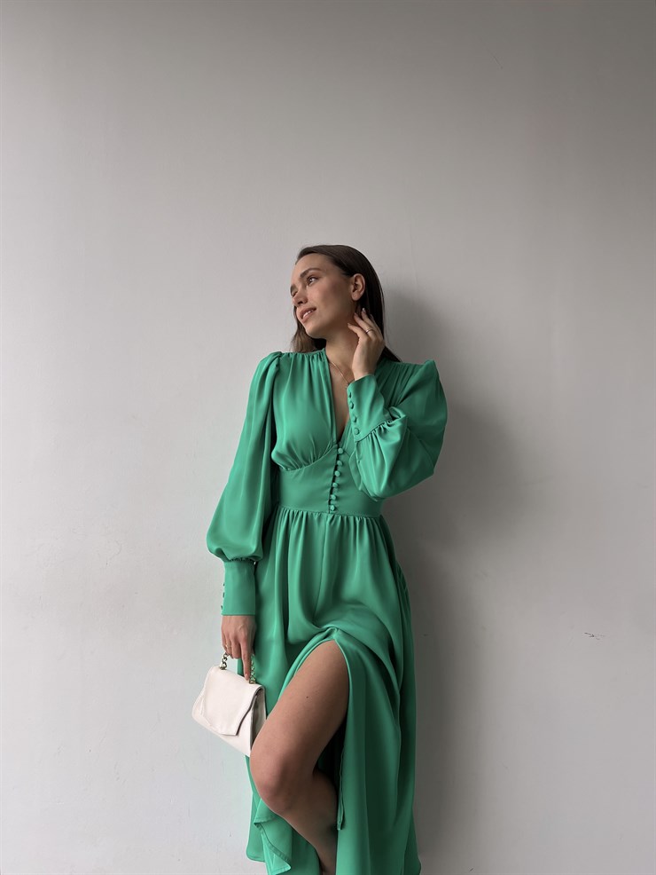 Kiloş Balon Kol Beli Düğmeli Viktoria Kadın Mint Uzun Elbise 22K000051