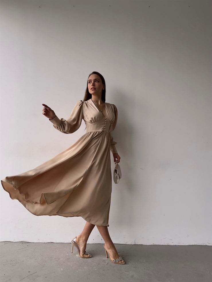 Kiloş Balon Kol Beli Düğmeli Viktoria Kadın Bej Uzun Elbise 22K000051