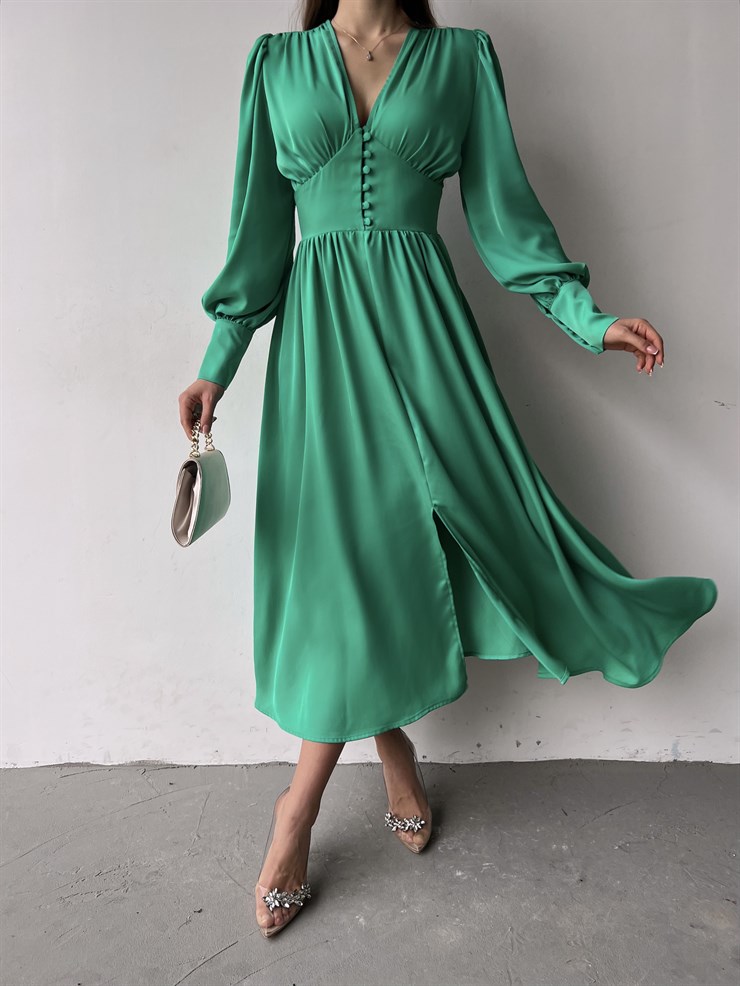 Kiloş Balon Kol Beli Düğmeli Viktoria Kadın Mint Uzun Elbise 22K000051