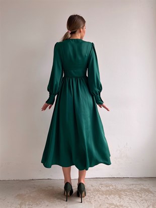 Midi Geniş Manşetli Balon Kol Viktoria Kadın Yeşil Elbise 22Y000049