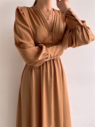 Midi Geniş Manşetli Balon Kol Viktoria Kadın Hardal Elbise 22Y000049