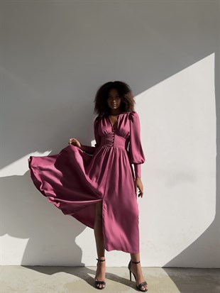 Saten Balon Kol Yırtmaçlı V Yaka Kiloş Viktoria Kadın Gül Kurusu Uzun Elbise 22Y000049