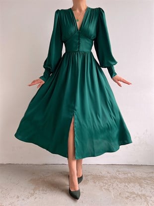 Midi Geniş Manşetli Balon Kol Viktoria Kadın Yeşil Elbise 22Y000049