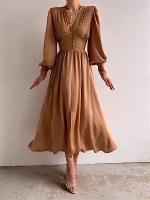 Midi Geniş Manşetli Balon Kol Viktoria Kadın Hardal Elbise 22Y000049