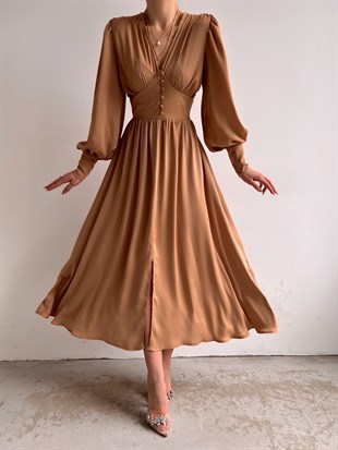 Midi Geniş Manşetli Balon Kol Viktoria Kadın Hardal Elbise 22Y000049