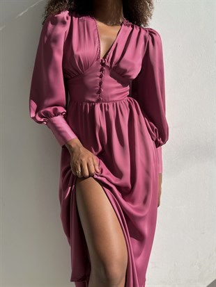 Saten Balon Kol Yırtmaçlı V Yaka Kiloş Viktoria Kadın Gül Kurusu Uzun Elbise 22Y000049