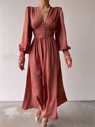 Midi Geniş Manşetli Balon Kol Viktoria Kadın Pudra Elbise 22Y000049