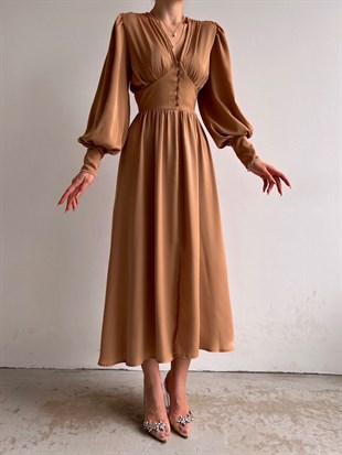 Midi Geniş Manşetli Balon Kol Viktoria Kadın Hardal Elbise 22Y000049