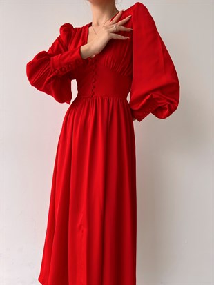 Midi Geniş Manşetli Balon Kol Viktoria Kadın Kırmızı Elbise 22Y000049