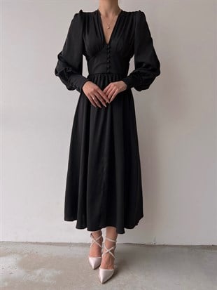 Midi Geniş Manşetli Balon Kol Viktoria Kadın Siyah Elbise 22Y000049