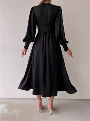 Midi Geniş Manşetli Balon Kol Viktoria Kadın Siyah Elbise 22Y000049
