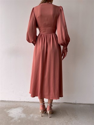 Midi Geniş Manşetli Balon Kol Viktoria Kadın Pudra Elbise 22Y000049