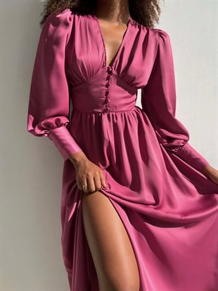 Saten Balon Kol Yırtmaçlı V Yaka Kiloş Viktoria Kadın Gül Kurusu Uzun Elbise 22Y000049