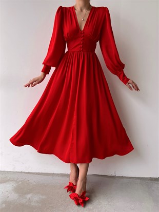 Midi Geniş Manşetli Balon Kol Viktoria Kadın Kırmızı Elbise 22Y000049