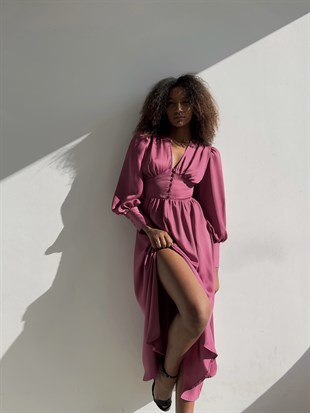 Saten Balon Kol Yırtmaçlı V Yaka Kiloş Viktoria Kadın Gül Kurusu Uzun Elbise 22Y000049