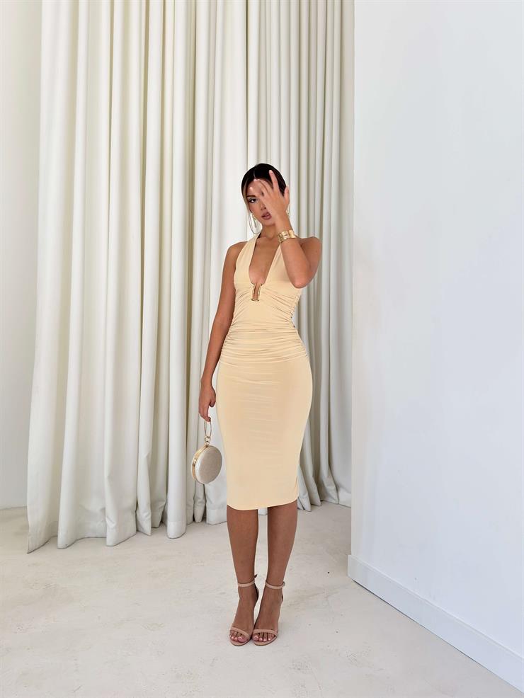 Aksesuarlı Büzgü Detaylı Viktoria Hardal Kadın Elbise 26K028