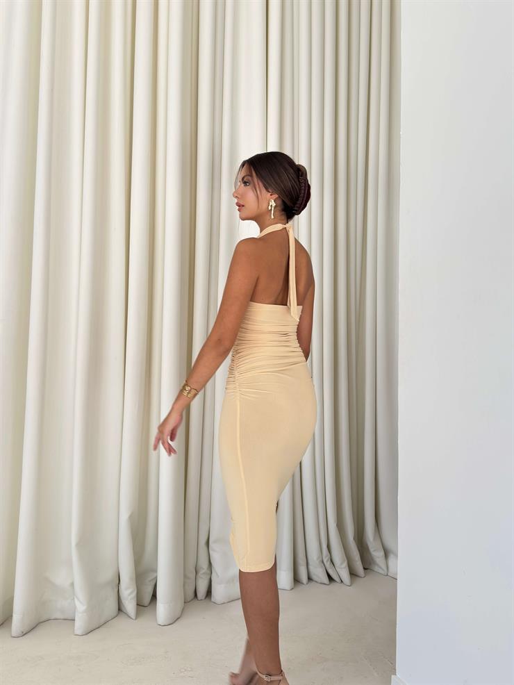 Aksesuarlı Büzgü Detaylı Viktoria Hardal Kadın Elbise 26K028