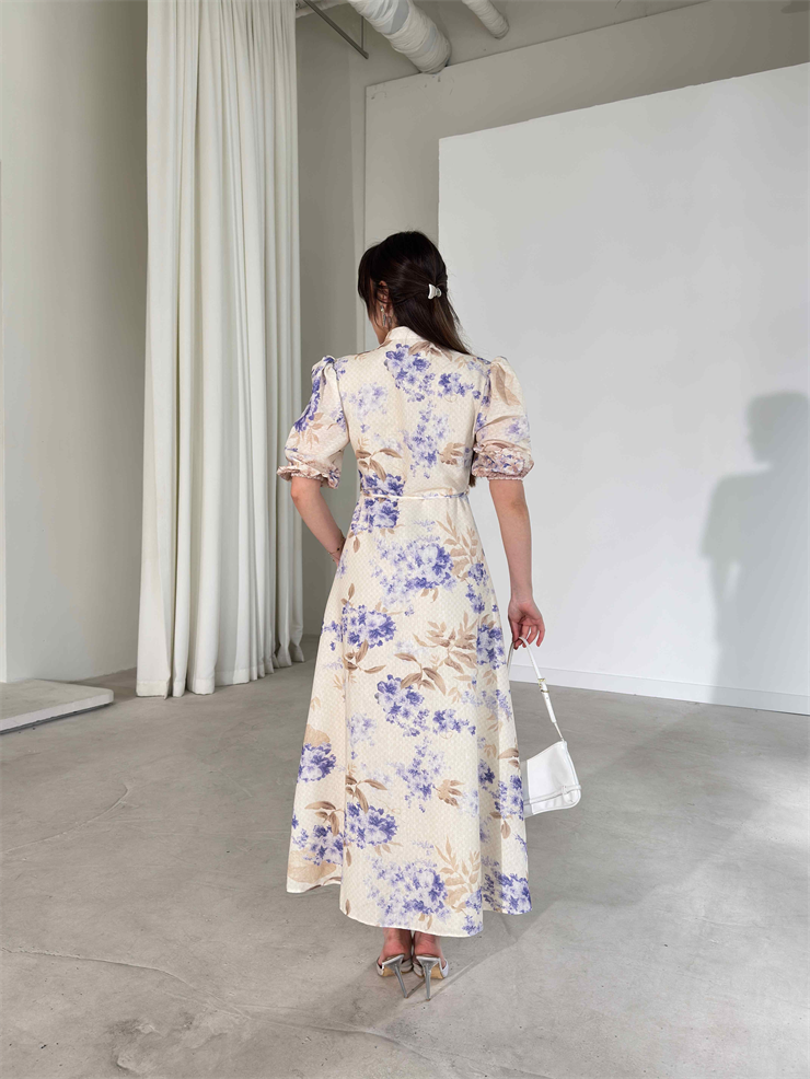 Desenli Önden Düğmeli İnce Kuşaklı Ekru Viktoria Kadın Elbise 26Y186