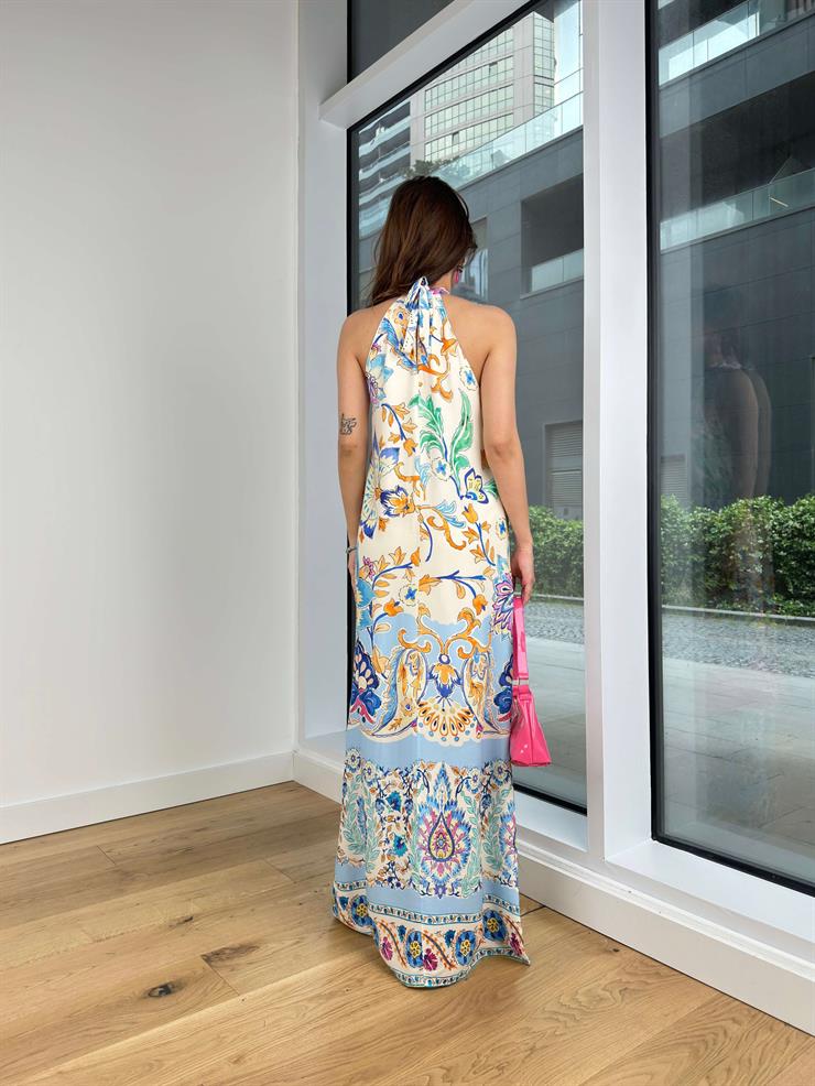 Kolsuz Yarım Boğazlı Vilma Kadın Renkli Desenli Maxi Elbise 24Y527