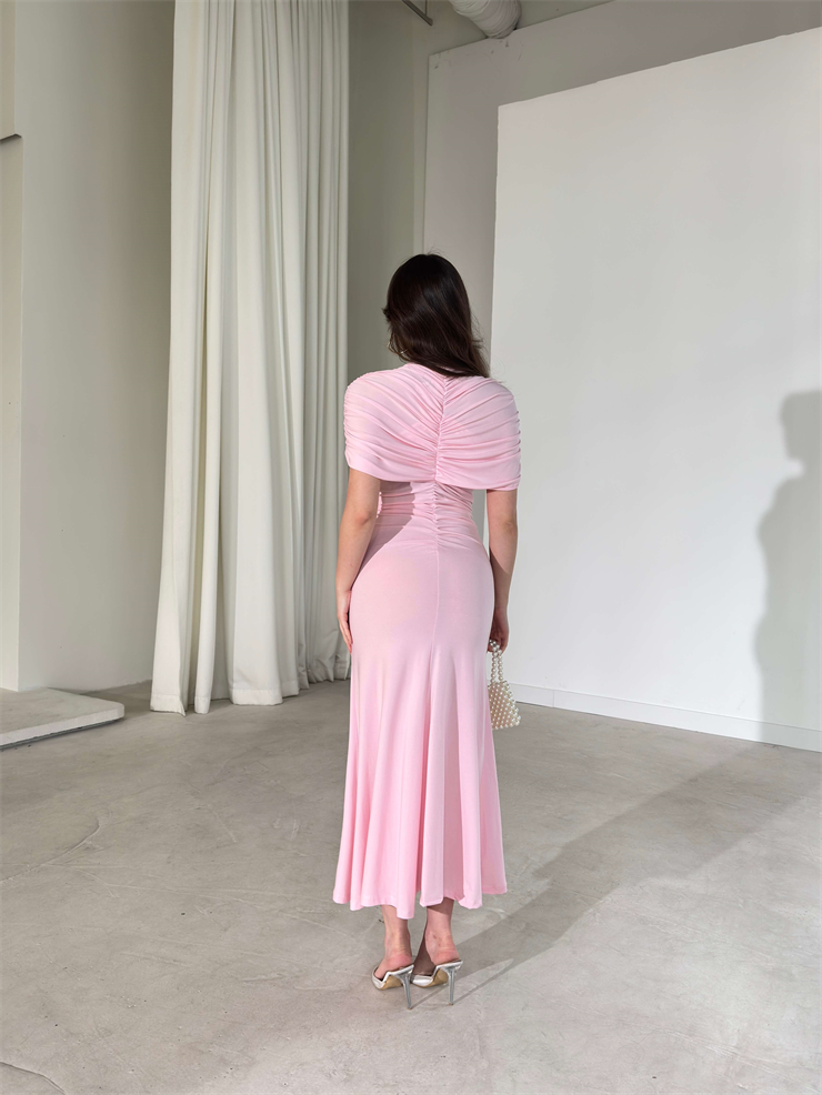 Drapeli Pelerin Dikim Viner Pembe Kadın Elbise 26Y003