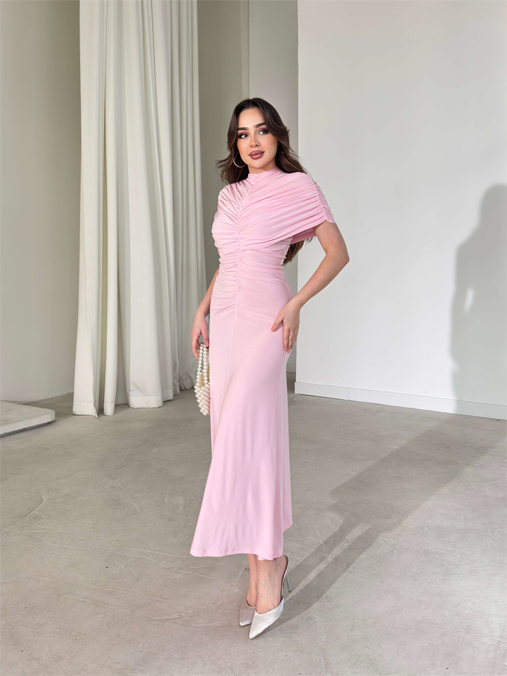 Drapeli Pelerin Dikim Viner Pembe Kadın Elbise 26Y003