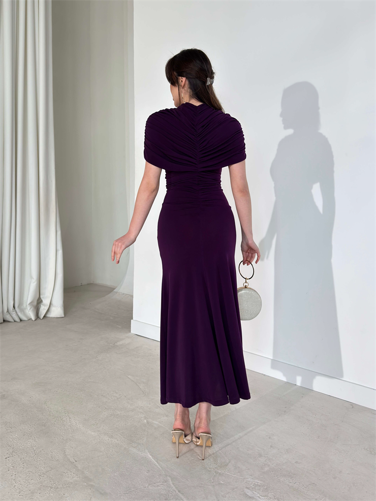 Drapeli Pelerin Dikim Viner Mor Kadın Elbise 26Y003