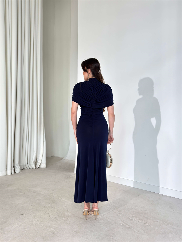 Drapeli Pelerin Dikim Viner Lacivert Kadın Elbise 26Y003