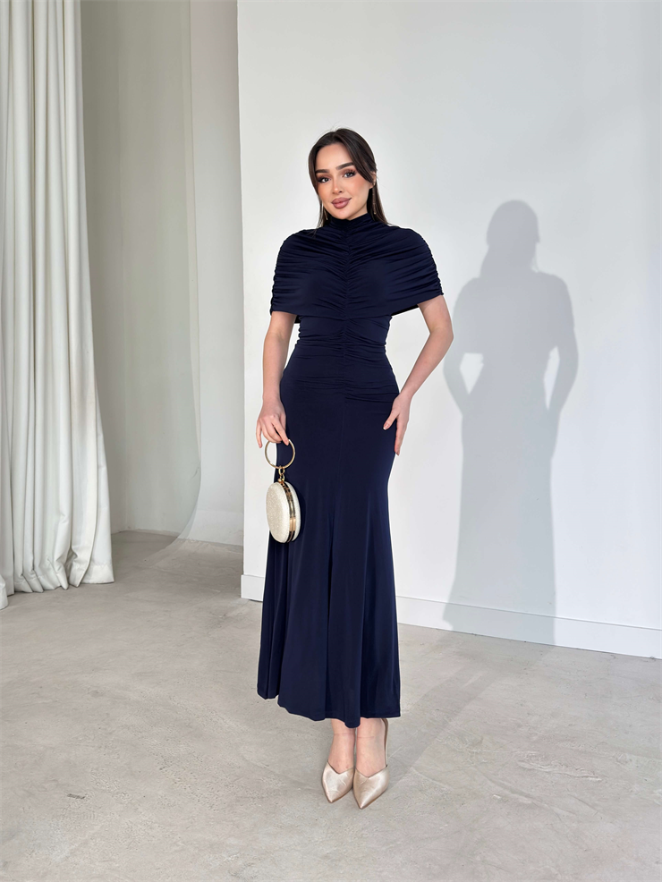 Drapeli Pelerin Dikim Viner Lacivert Kadın Elbise 26Y003