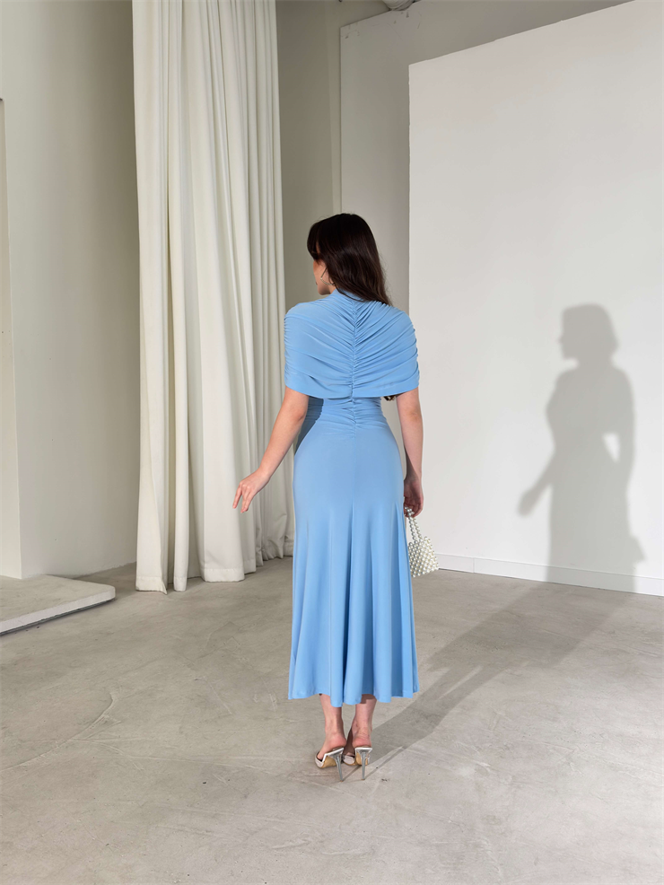 Drapeli Pelerin Dikim Viner Mavi Kadın Elbise 26Y003