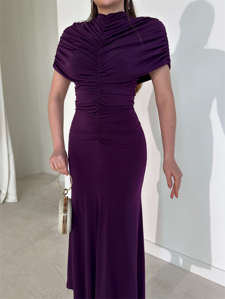 Drapeli Pelerin Dikim Viner Mor Kadın Elbise 26Y003