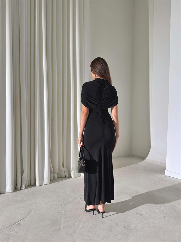 Drapeli Pelerin Dikim Viner Siyah Kadın Elbise 26Y003